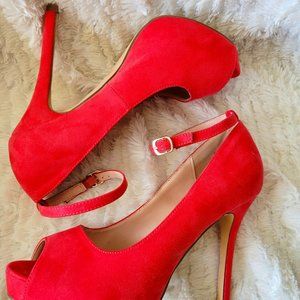 Ankle Strap Suede Platform Peep-Toe Heels in Salmon